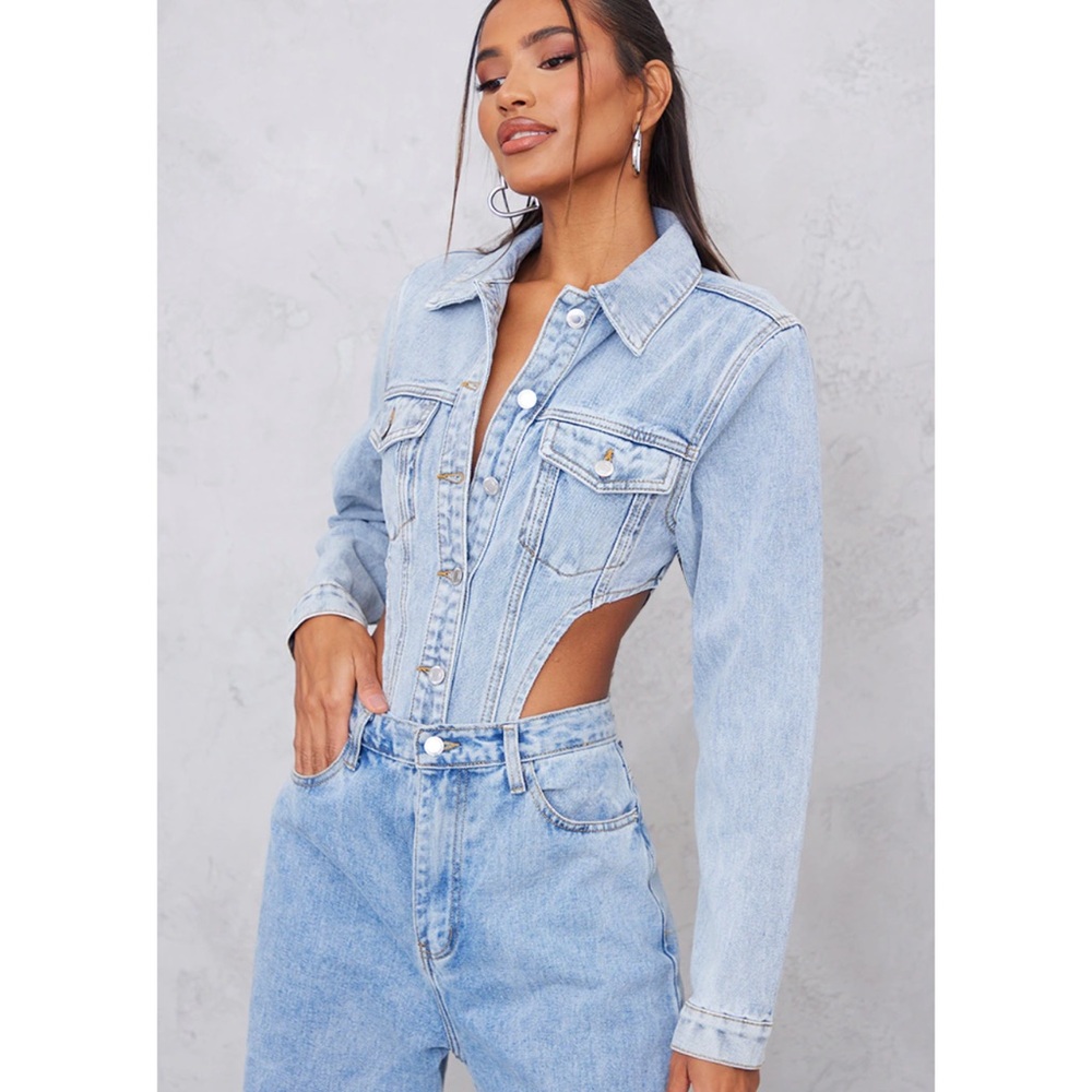 Light Blue Wash Front Denim Jacket High Side Bodysuit